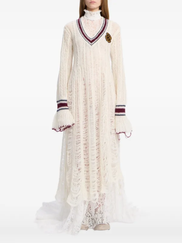 Ann Demeulemeester Distressed V-neck Maxi Dress in White