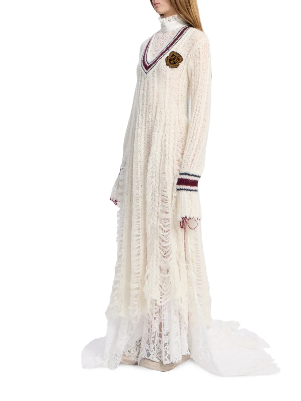 Ann Demeulemeester Distressed V-neck Maxi Dress in White, view 3