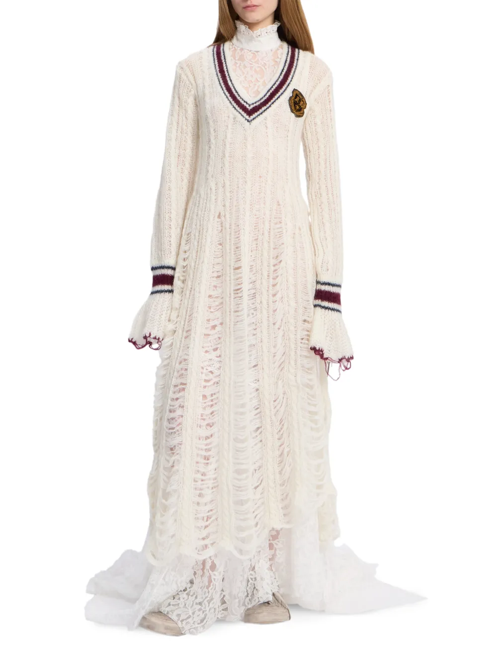 Ann Demeulemeester Distressed V-neck Maxi Dress in White, view 2
