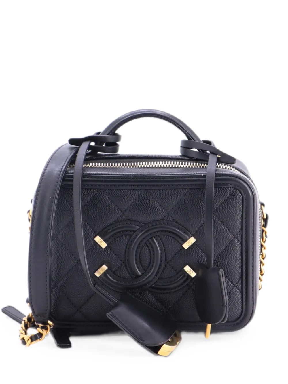 Pre-owned Chanel Filigree Vanity Case Quilted Caviar Small Satchel In Black