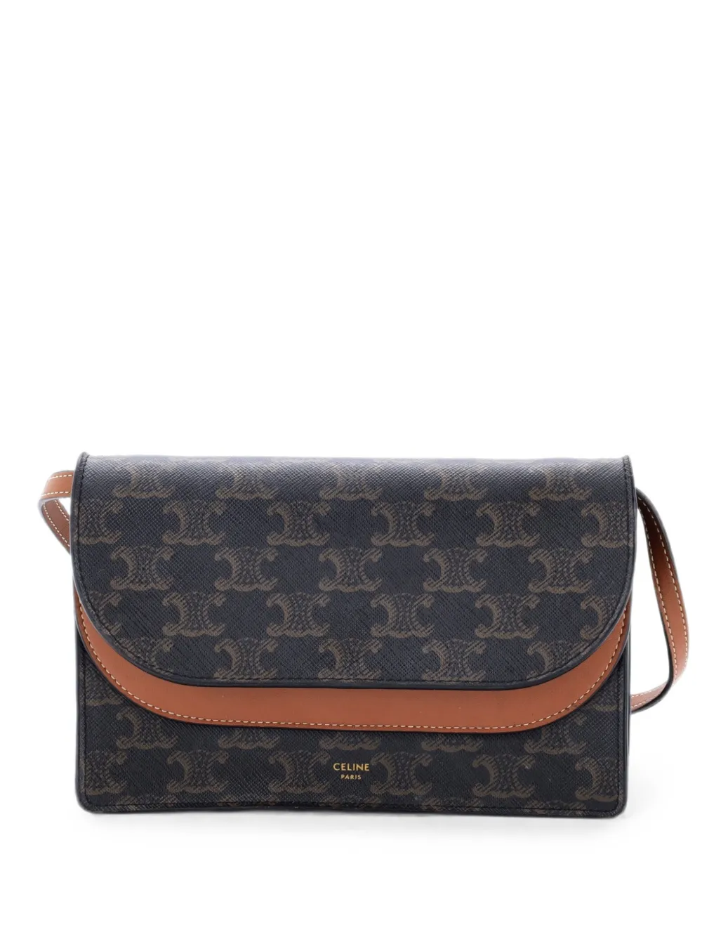 Pre-owned Celine Wallet On Strap Triomphe Coated Canvas Crossbody Bag In Brown