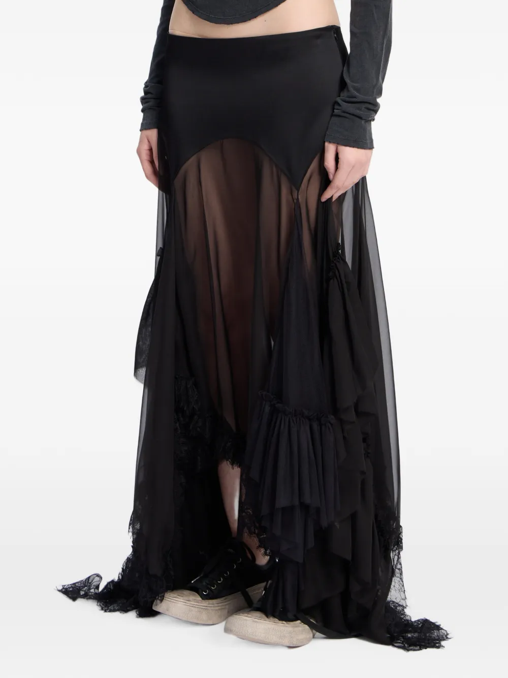 Ann Demeulemeester Maxi-rok met kanten afwerking en ruches Zwart