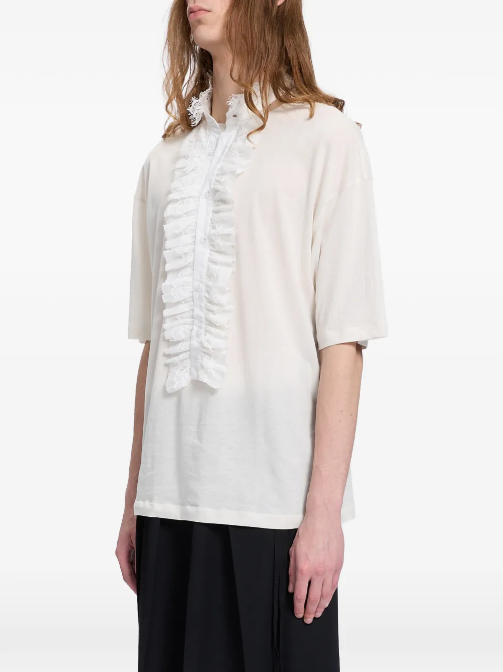 Ann Demeulemeester T-shirt met ruches en kanten afwerking Beige