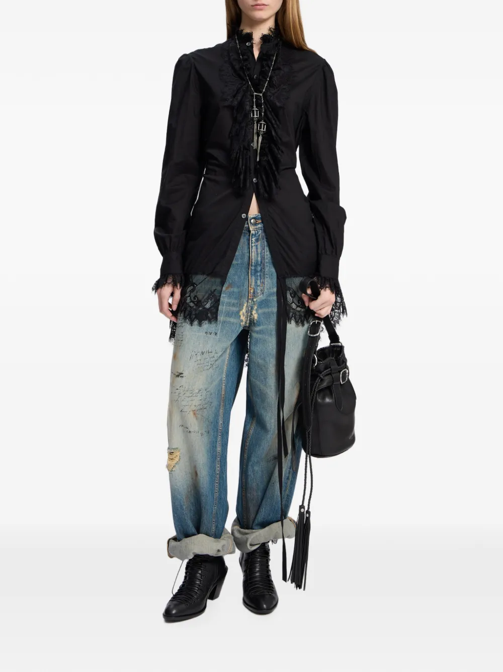 Ann Demeulemeester Blouse met ruches en kanten afwerking Zwart