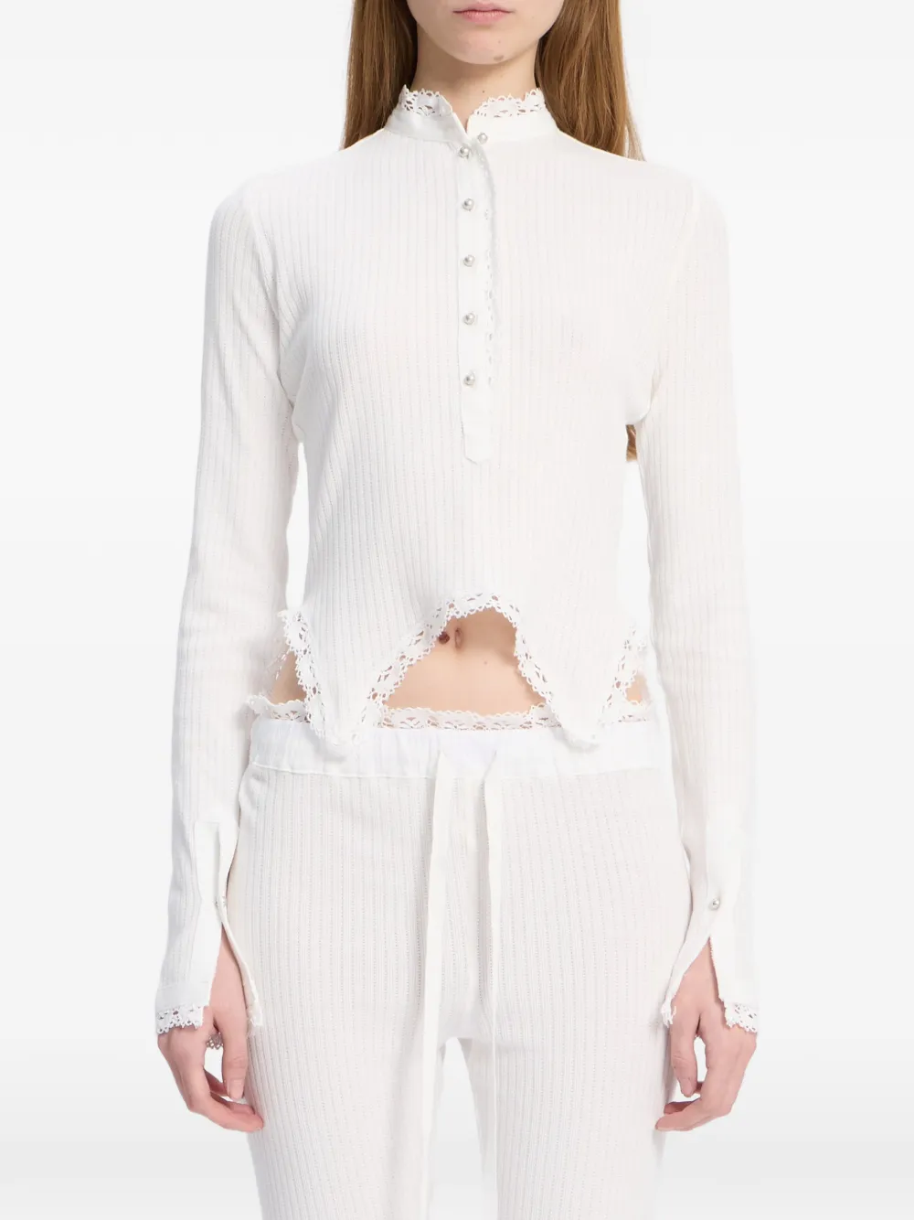 Ann Demeulemeester Geribbelde top met kanten afwerking Wit