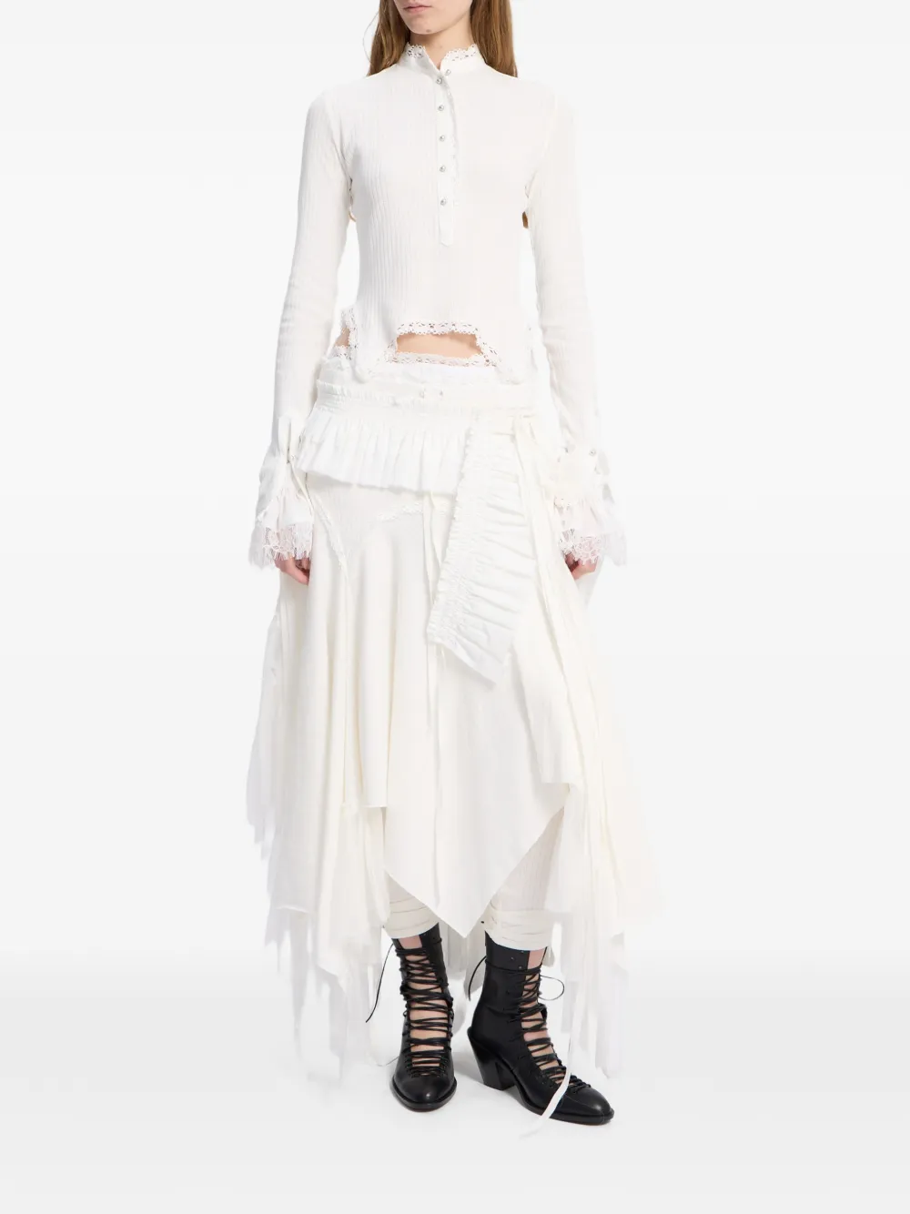 Ann Demeulemeester Geribbelde top met kanten afwerking Wit
