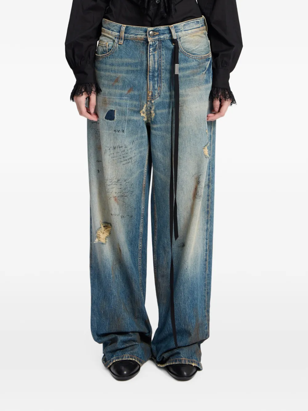 Ann Demeulemeester distressed script-print jeans