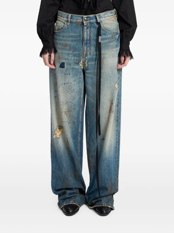 Ann Demeulemeester Distressed Script-print Jeans in Blue