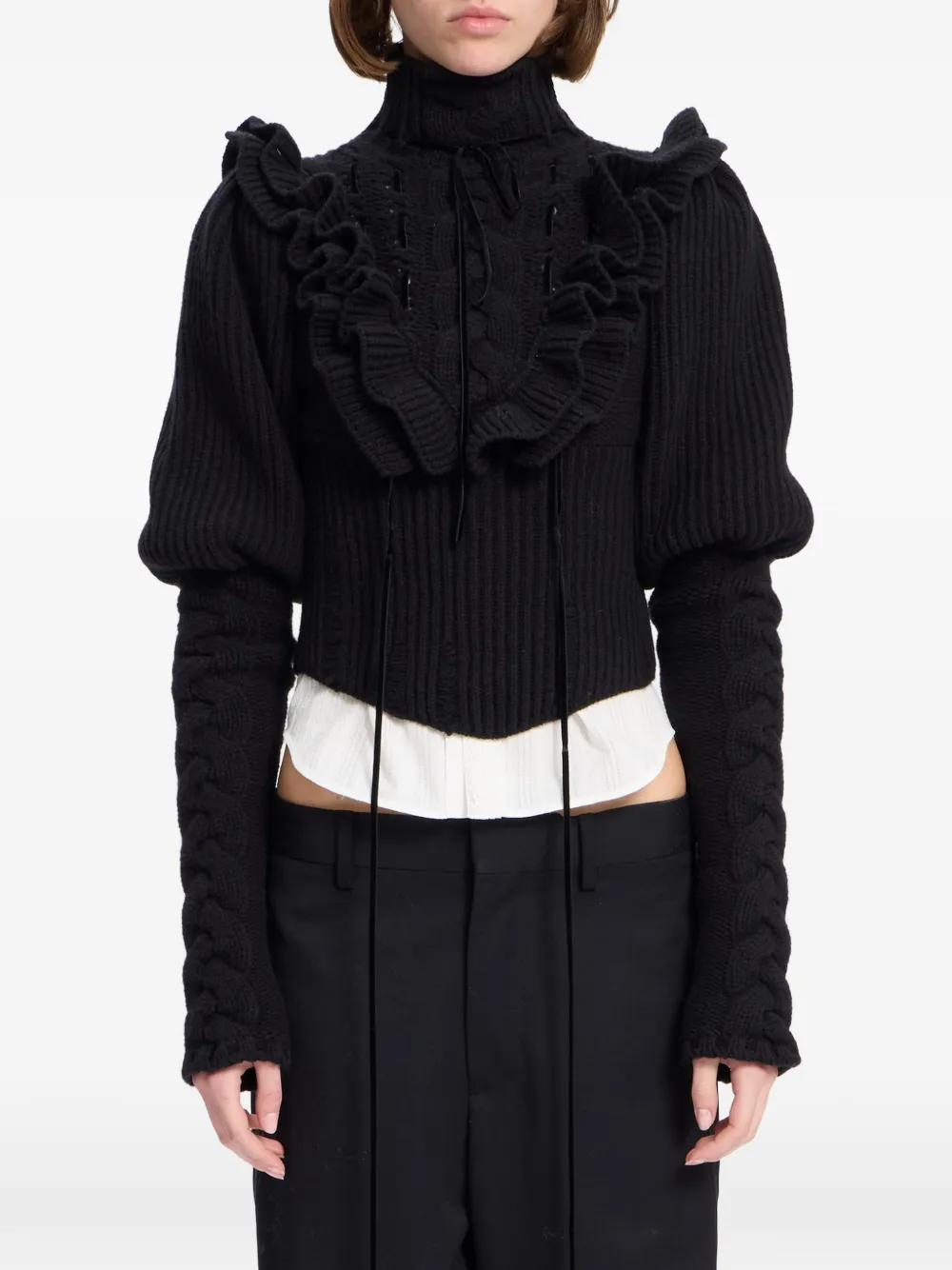 Ann Demeulemeester Pullover mit Zopfmuster und Rüschendetail - Schwarz