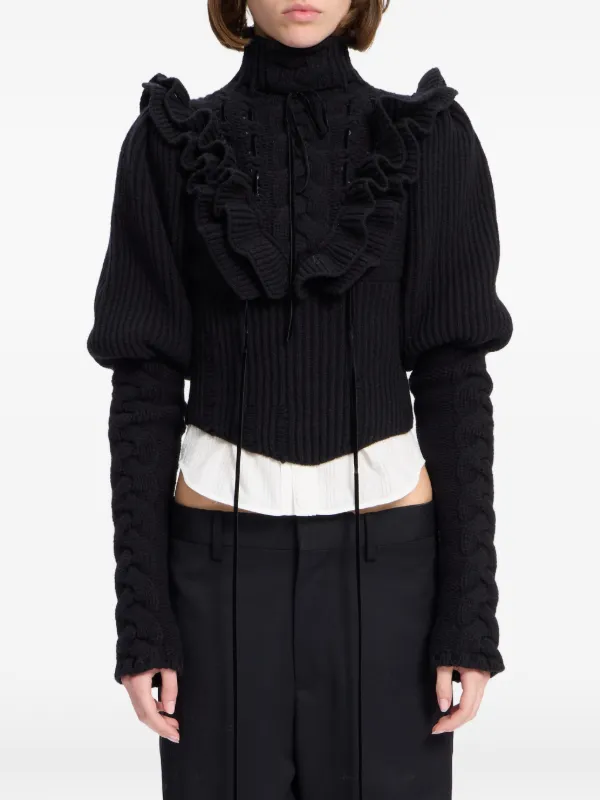 Ann Demeulemeester Ruffled-detail Cable-knit Sweater in Black