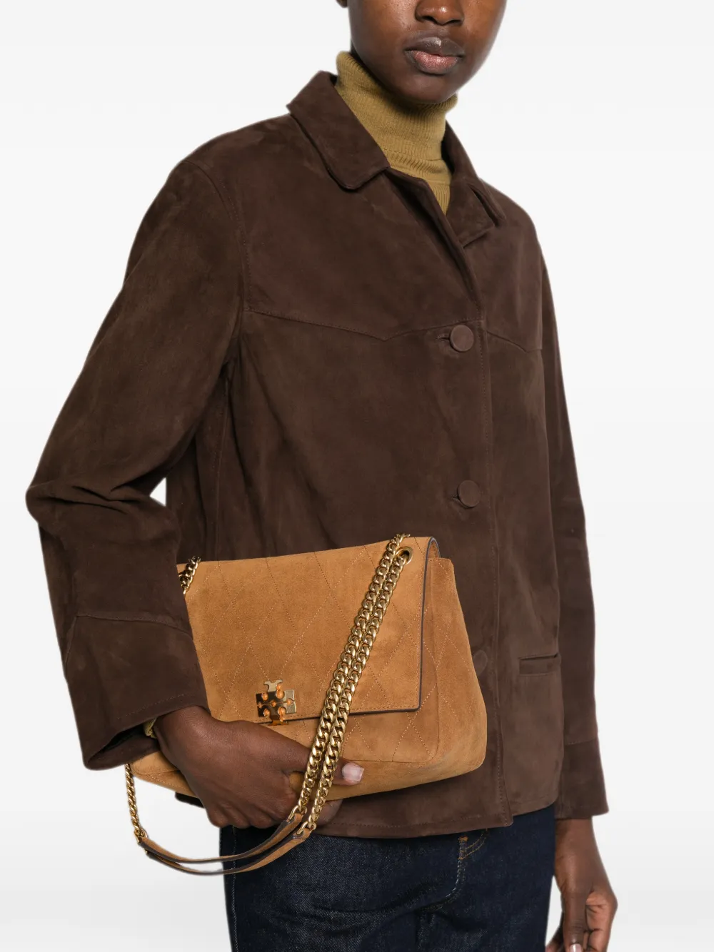 Tory Burch Charlie gewatteerde suède schoudertas Beige