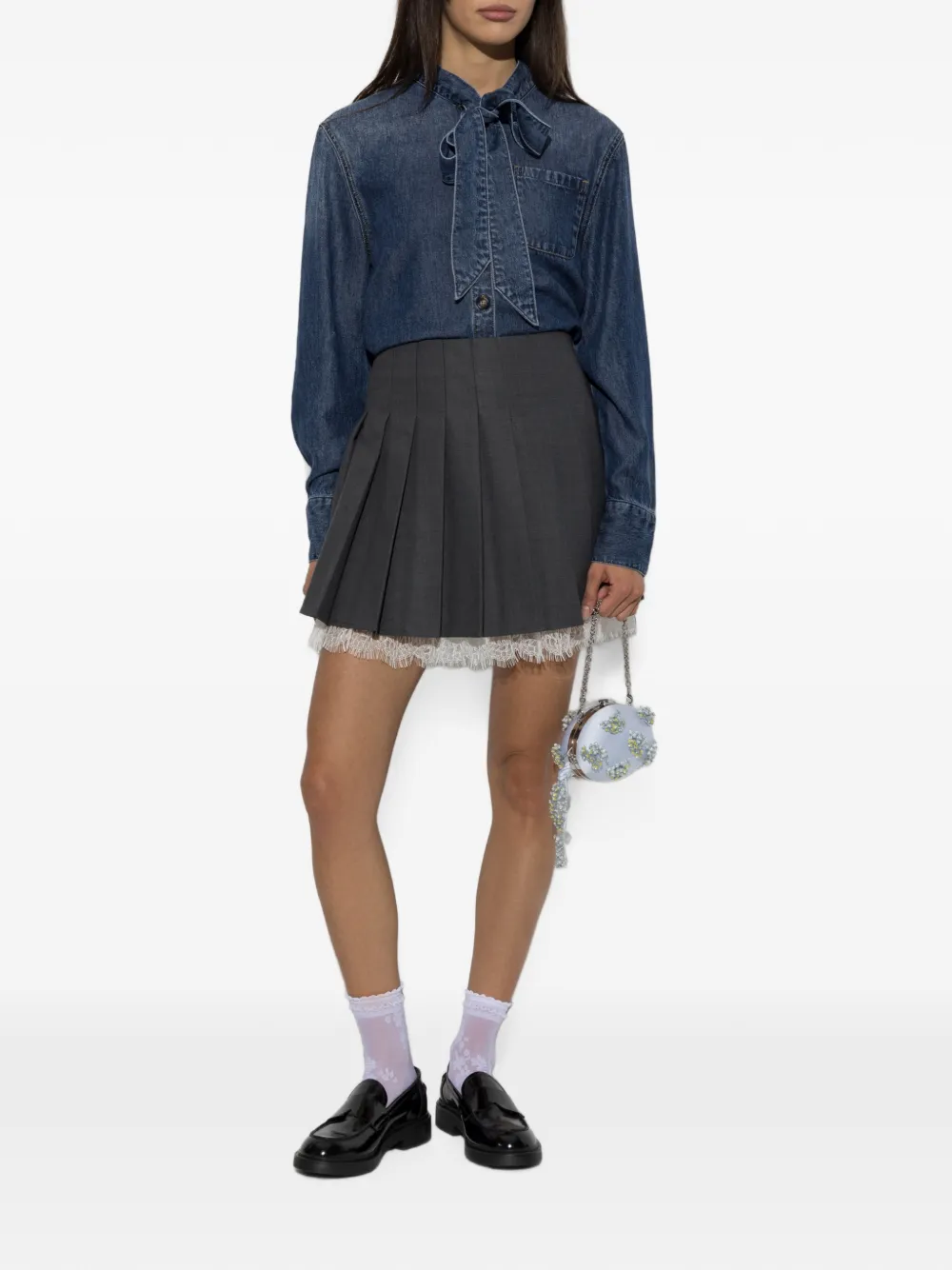 Self-Portrait Denim blouse met gestrikte hals Blauw