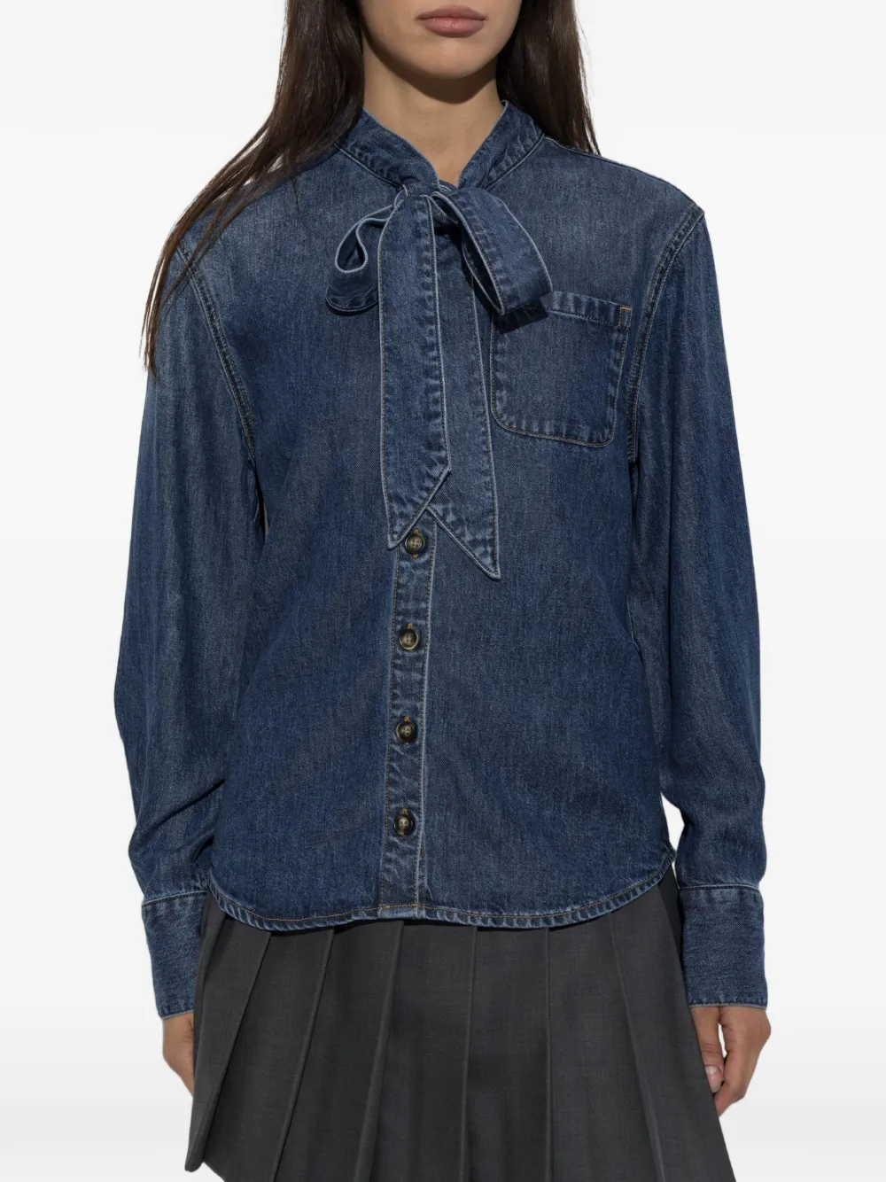 Self-Portrait Denim blouse met gestrikte hals Blauw