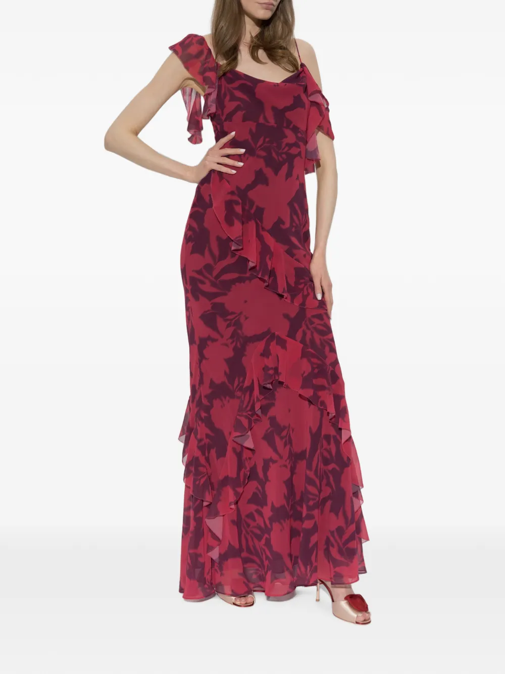 Self-Portrait Maxi-jurk met bloemenprint en ruches Rood
