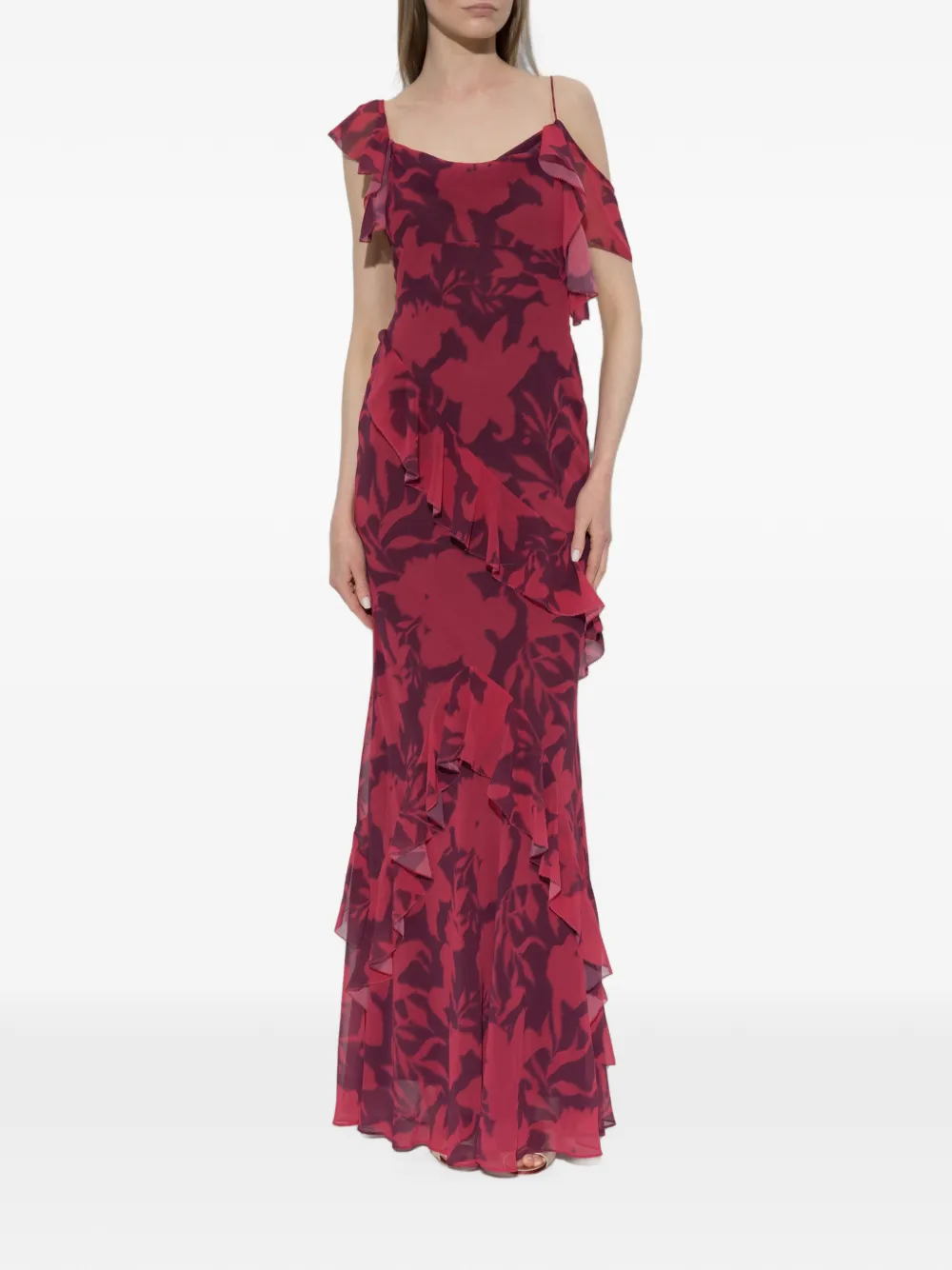 Self-Portrait Maxi-jurk met bloemenprint en ruches Rood