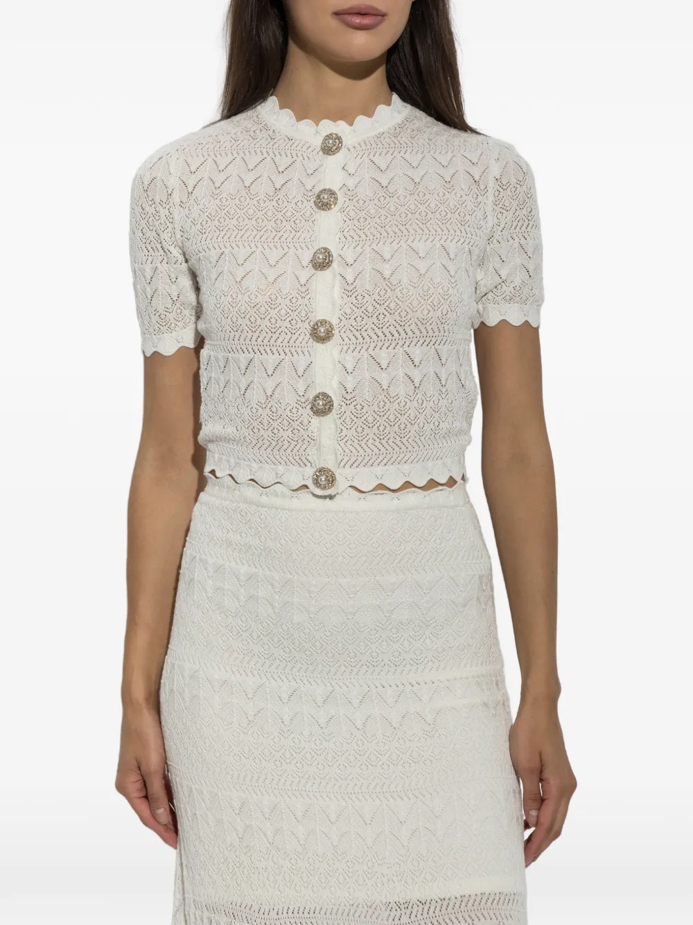 Self-Portrait Pointelle gebreid vest met gewelfde afwerking Wit