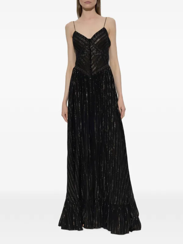 Self-Portrait Lurex Stripe Pleated Maxi Dress | Black | FARFETCH
