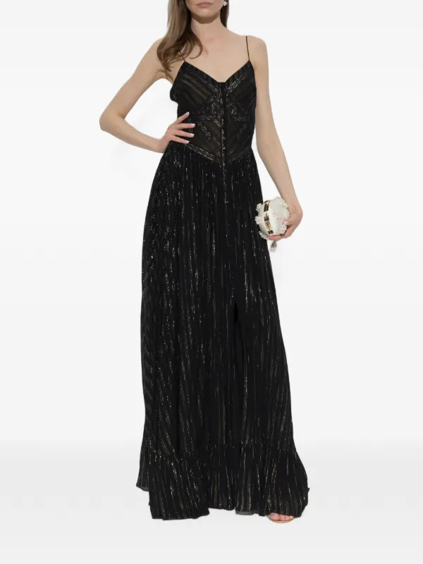 【美品】Self-Portrait ブラックケープマキシドレス Self-Portrait Lurex Stripe Pleated Maxi Dress | Black | FARFETCH