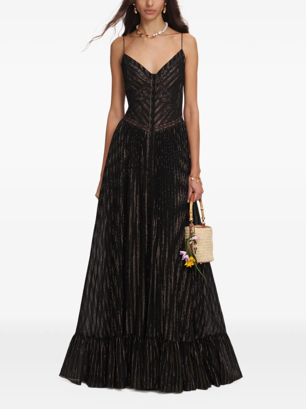 Self-Portrait Geplooide maxi-jurk met kanten afwerking Zwart