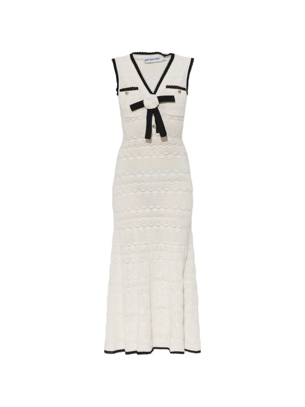 Self-Portrait bow-detail pointelle-knit midi dress - Bianco