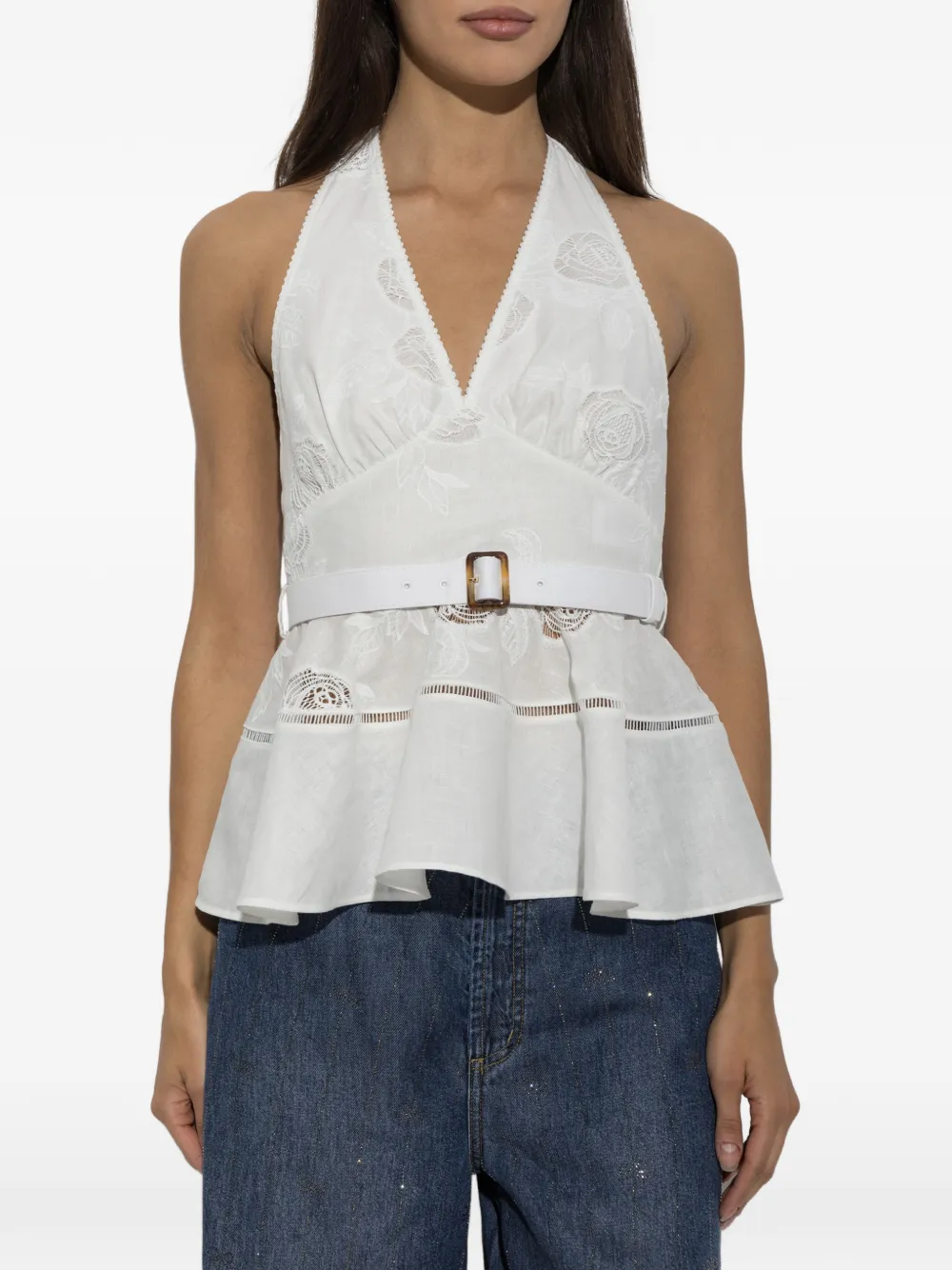 Self-Portrait Top met geborduurde bloemen en ceintuur Wit