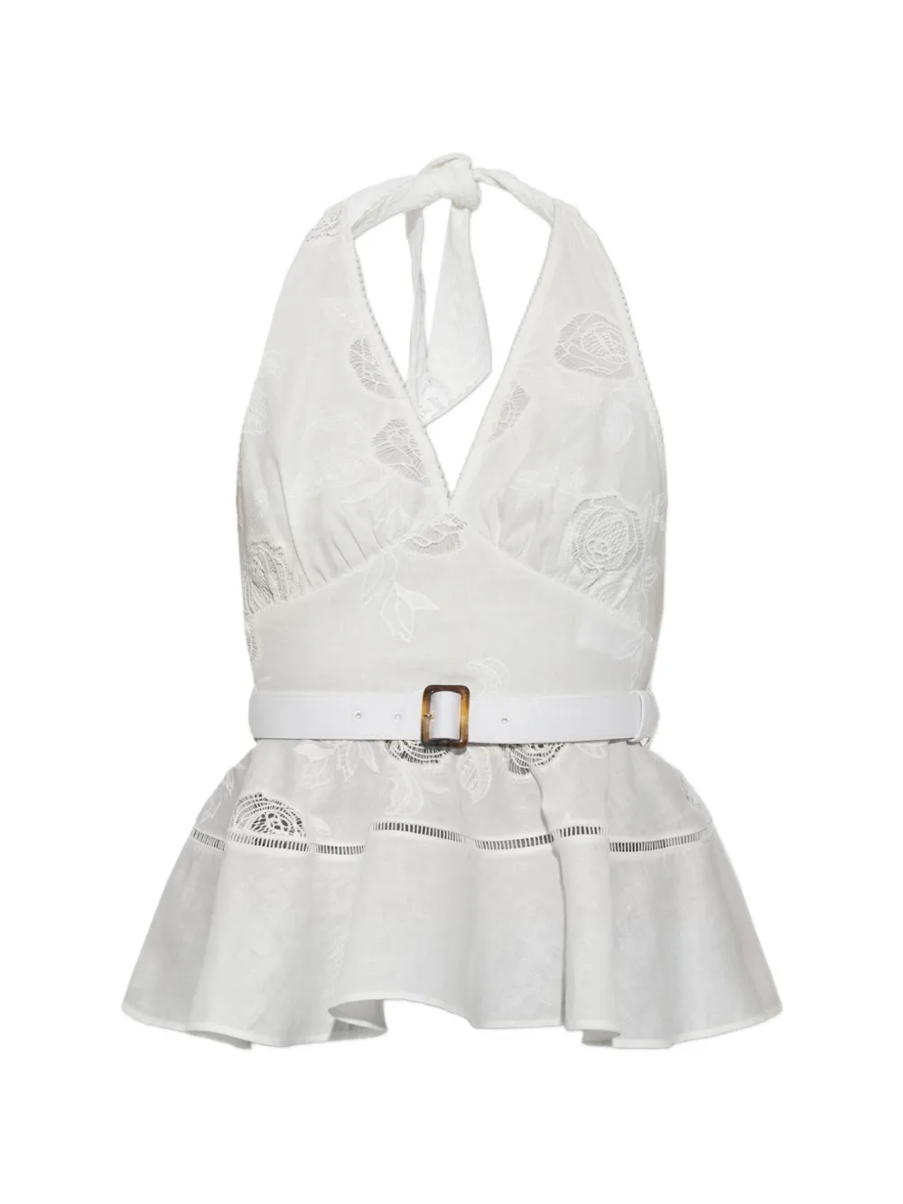 Self-Portrait belted floral-embroidered top - Bianco