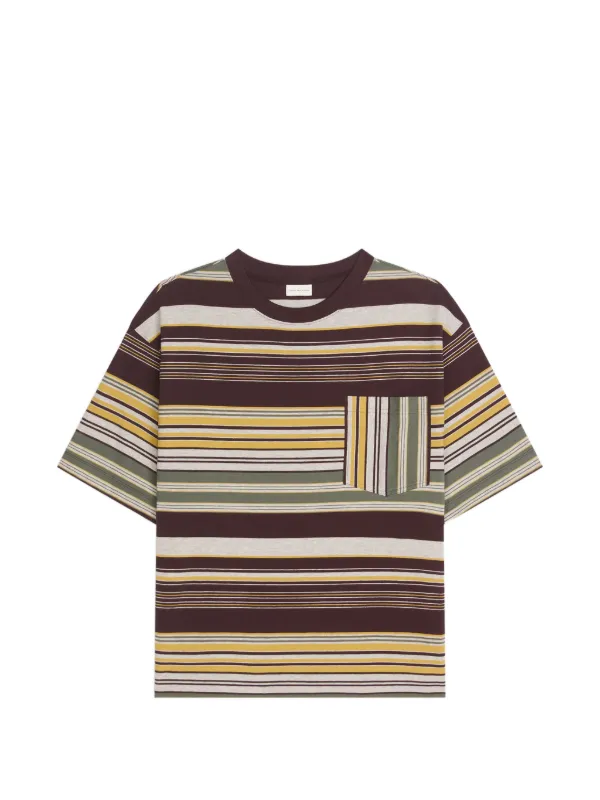 Dries Van Noten Striped Cotton T-shirt in Brown