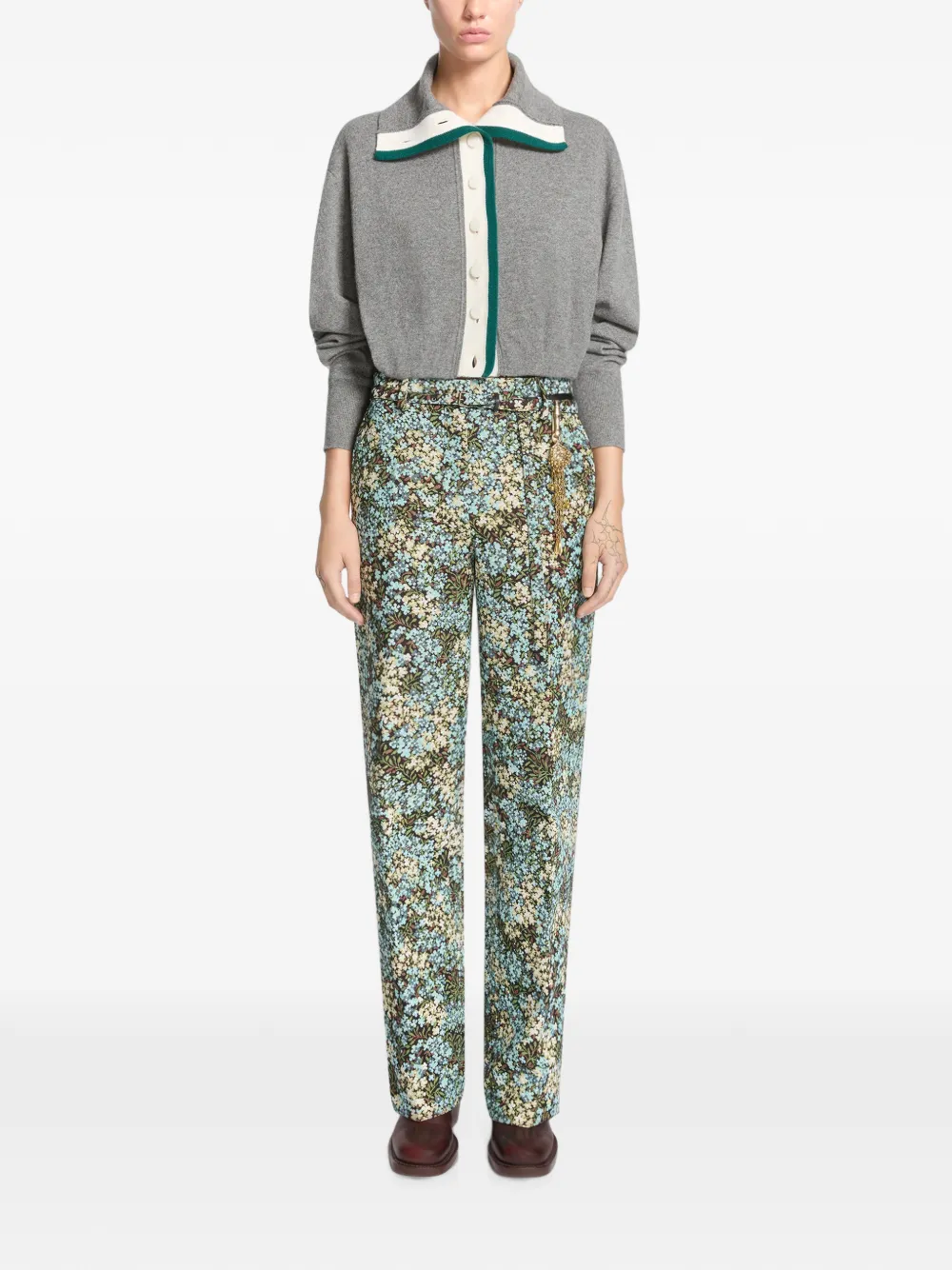 DRIES VAN NOTEN Flared Floral Trousers in Black, view 2