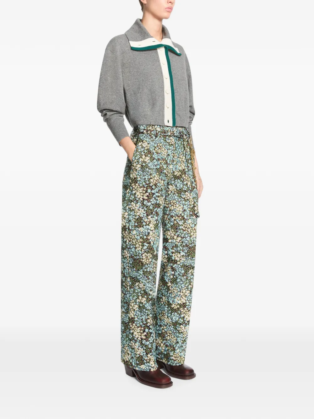 DRIES VAN NOTEN Flared Floral Trousers in Black, view 3