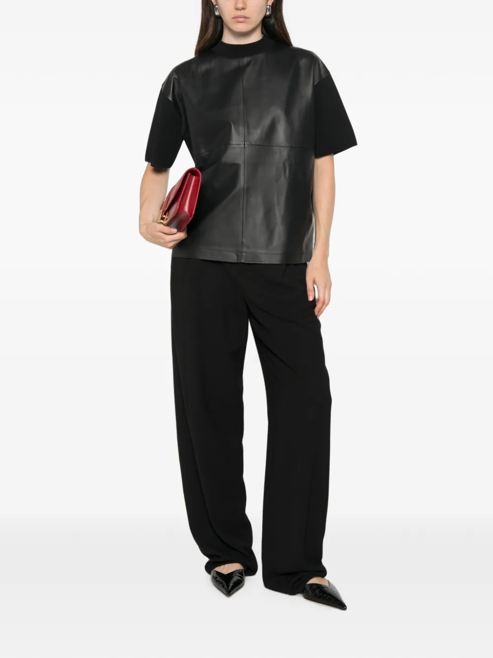 Max Mara Mstsegale leren T-shirt met korte mouwen Zwart