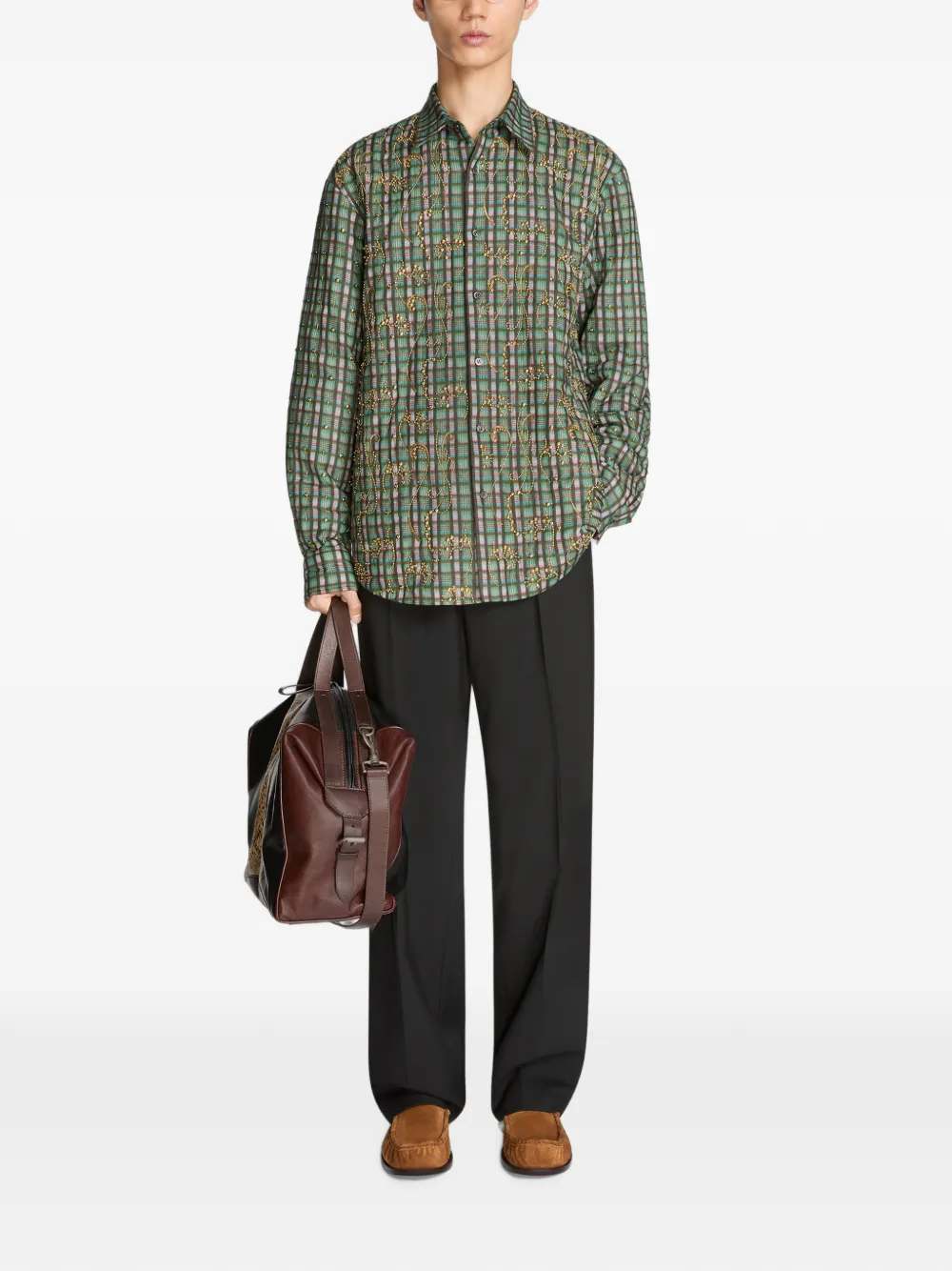 DRIES VAN NOTEN Geruit shirtjack met borduurwerk Groen