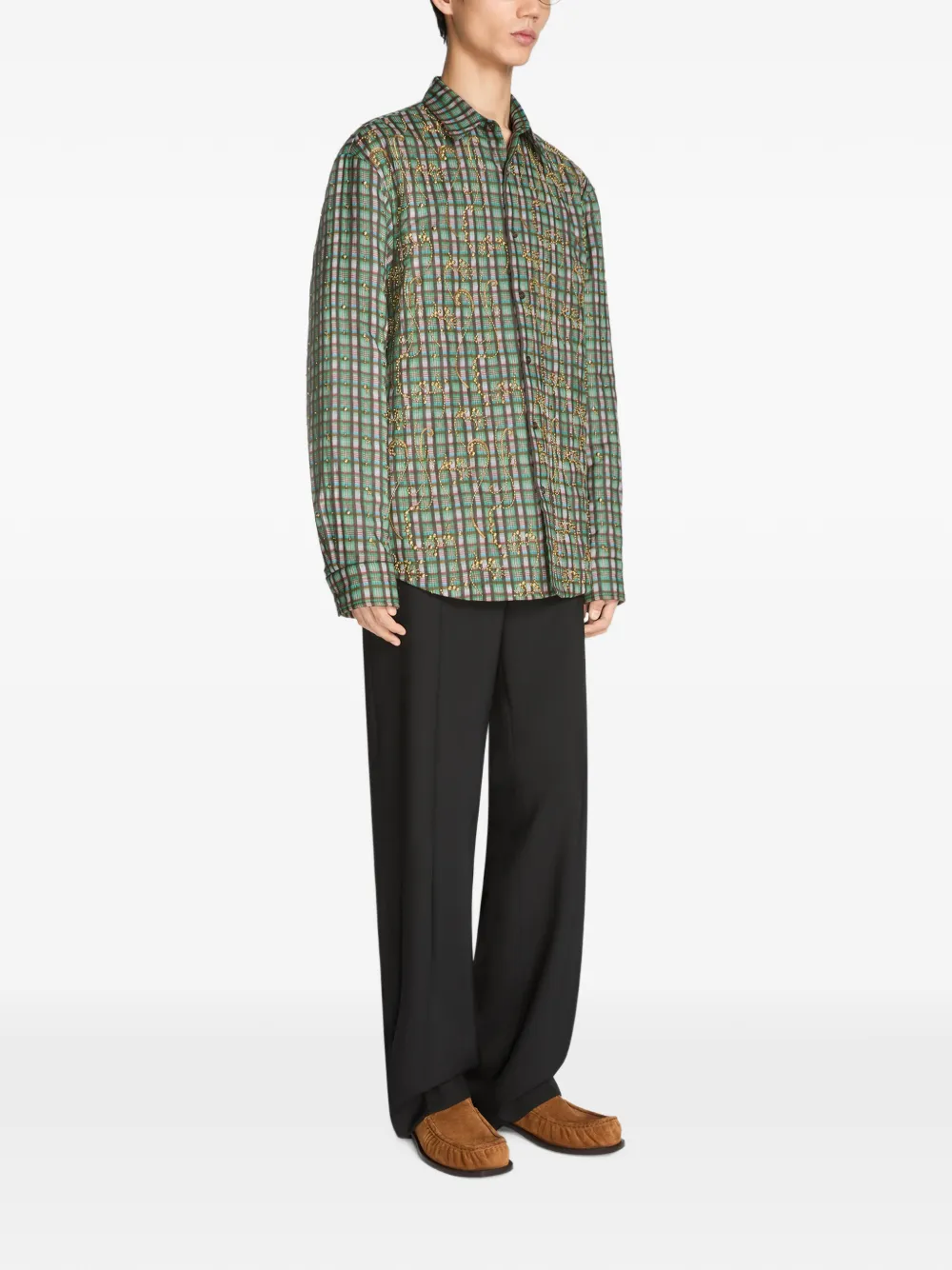 DRIES VAN NOTEN Geruit shirtjack met borduurwerk Groen