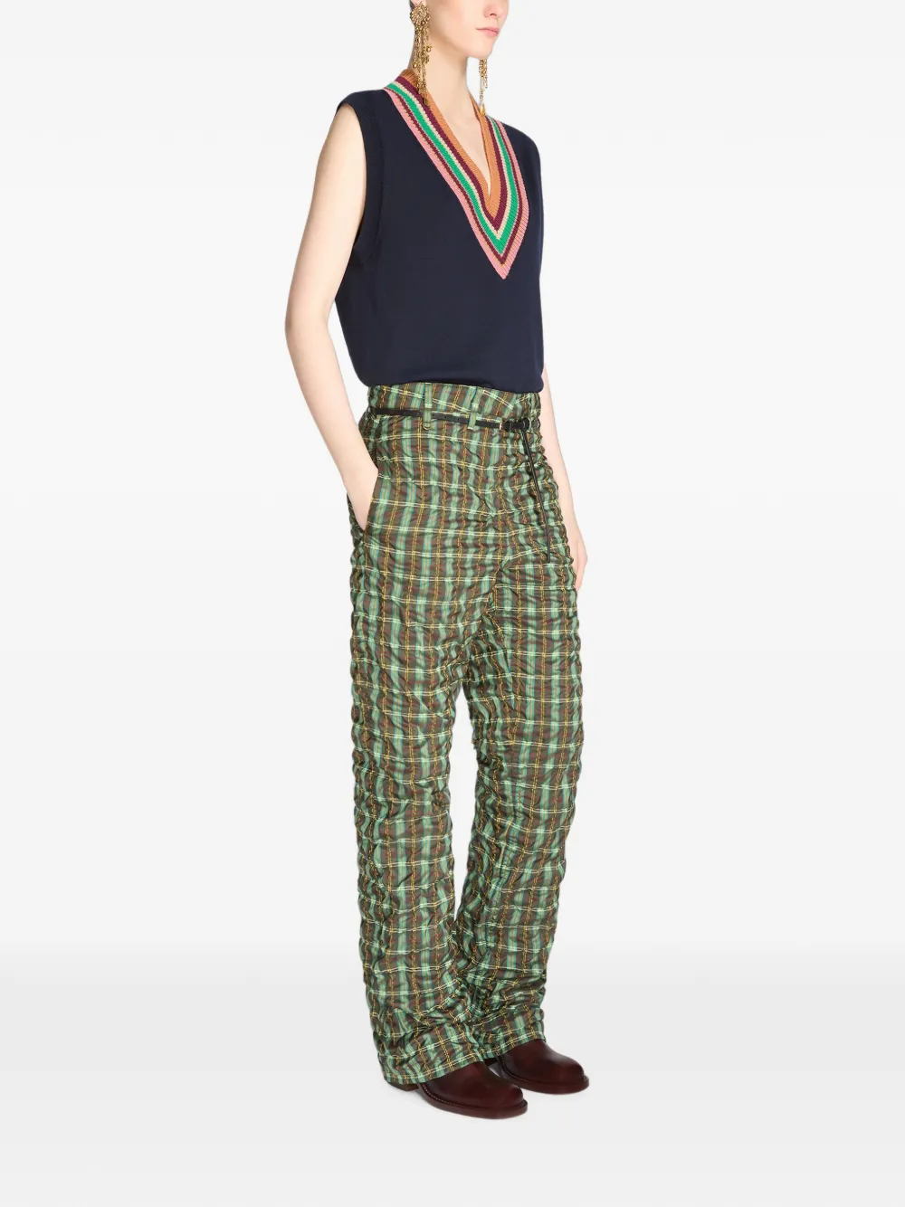 DRIES VAN NOTEN Seersucker broek met ceintuur Groen
