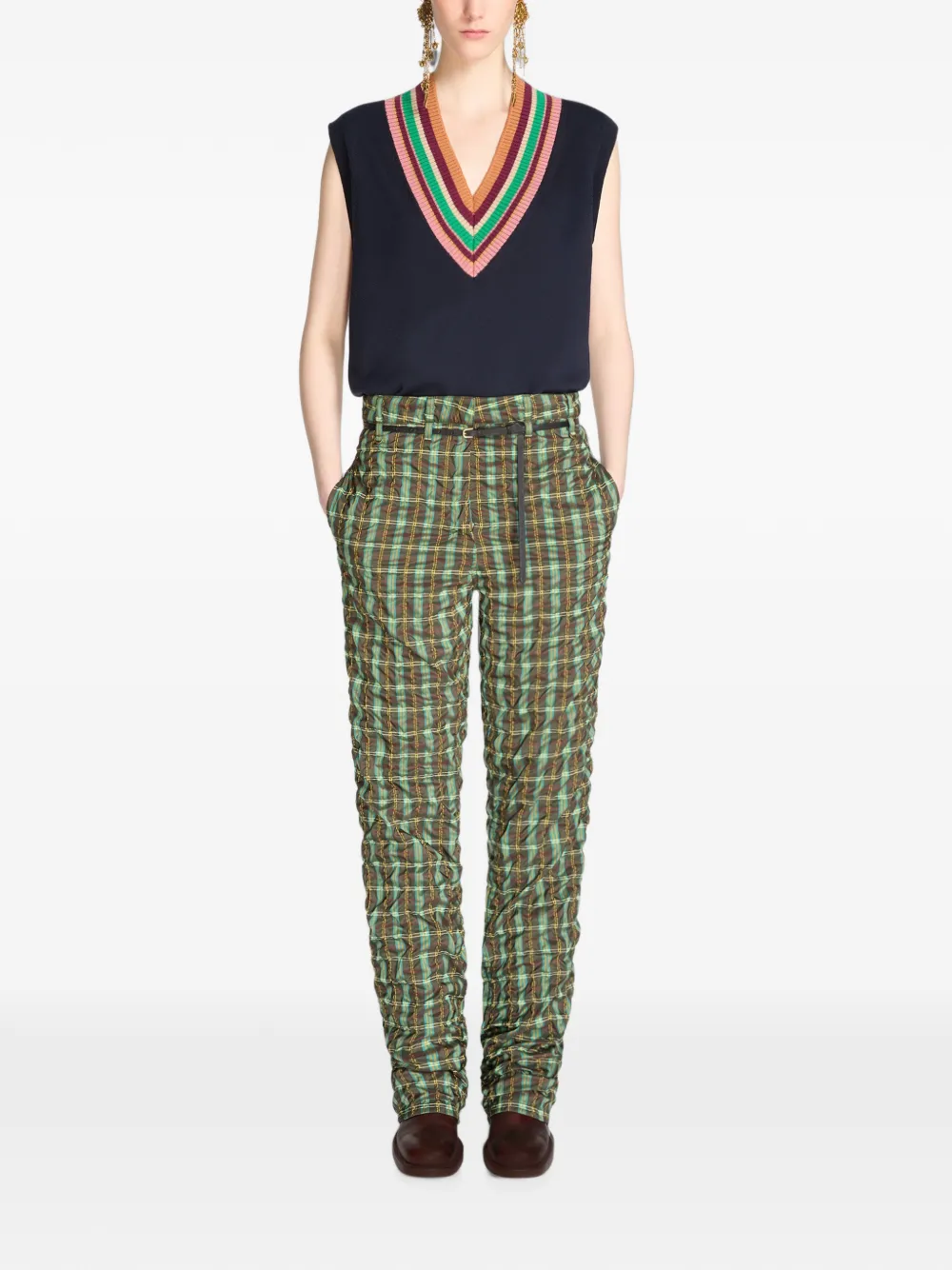 DRIES VAN NOTEN Seersucker broek met ceintuur Groen