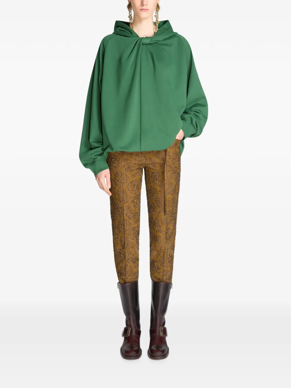 DRIES VAN NOTEN Draped Cotton Hoodie in Green, view 2