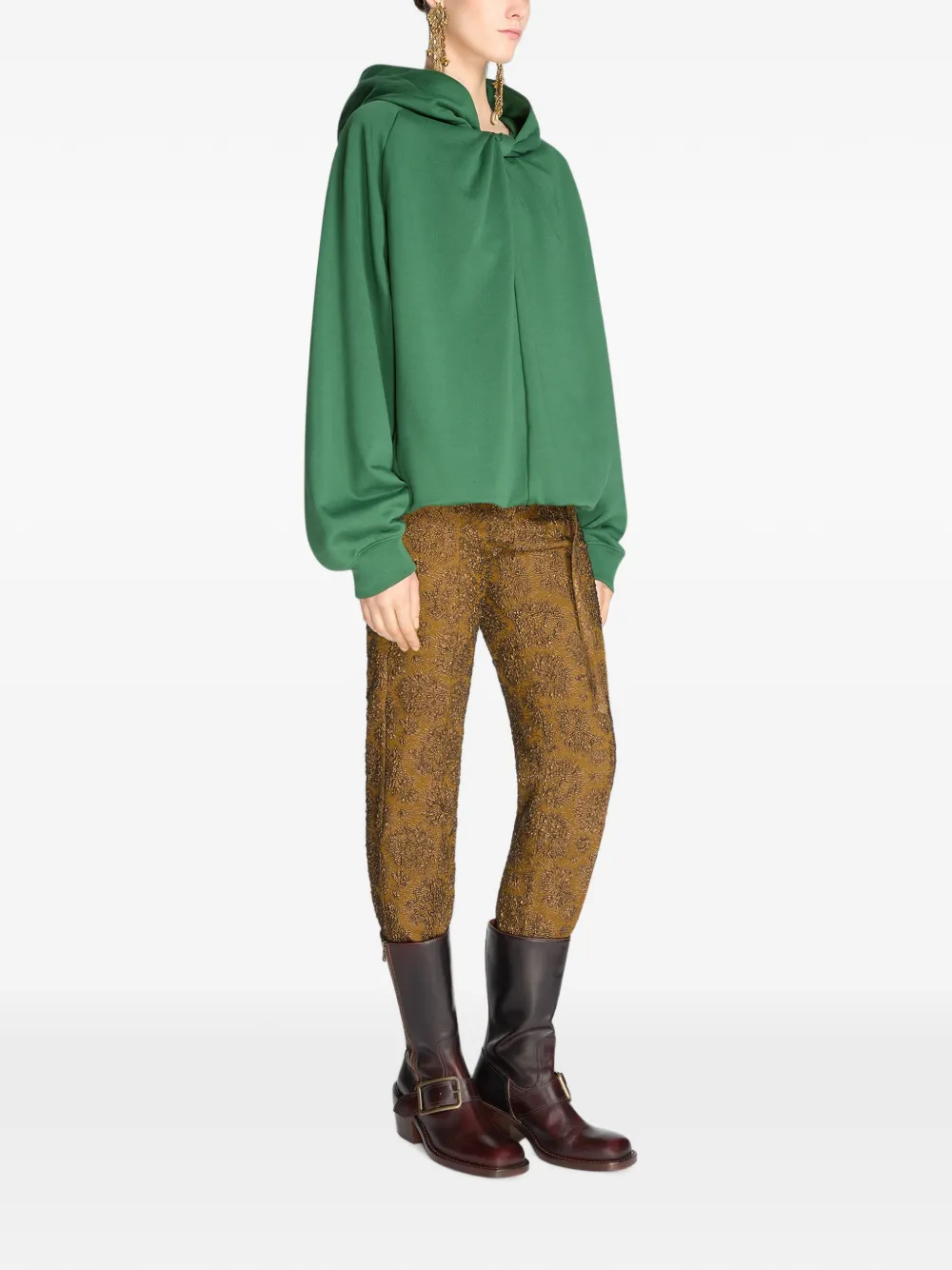 DRIES VAN NOTEN Draped Cotton Hoodie in Green, view 3