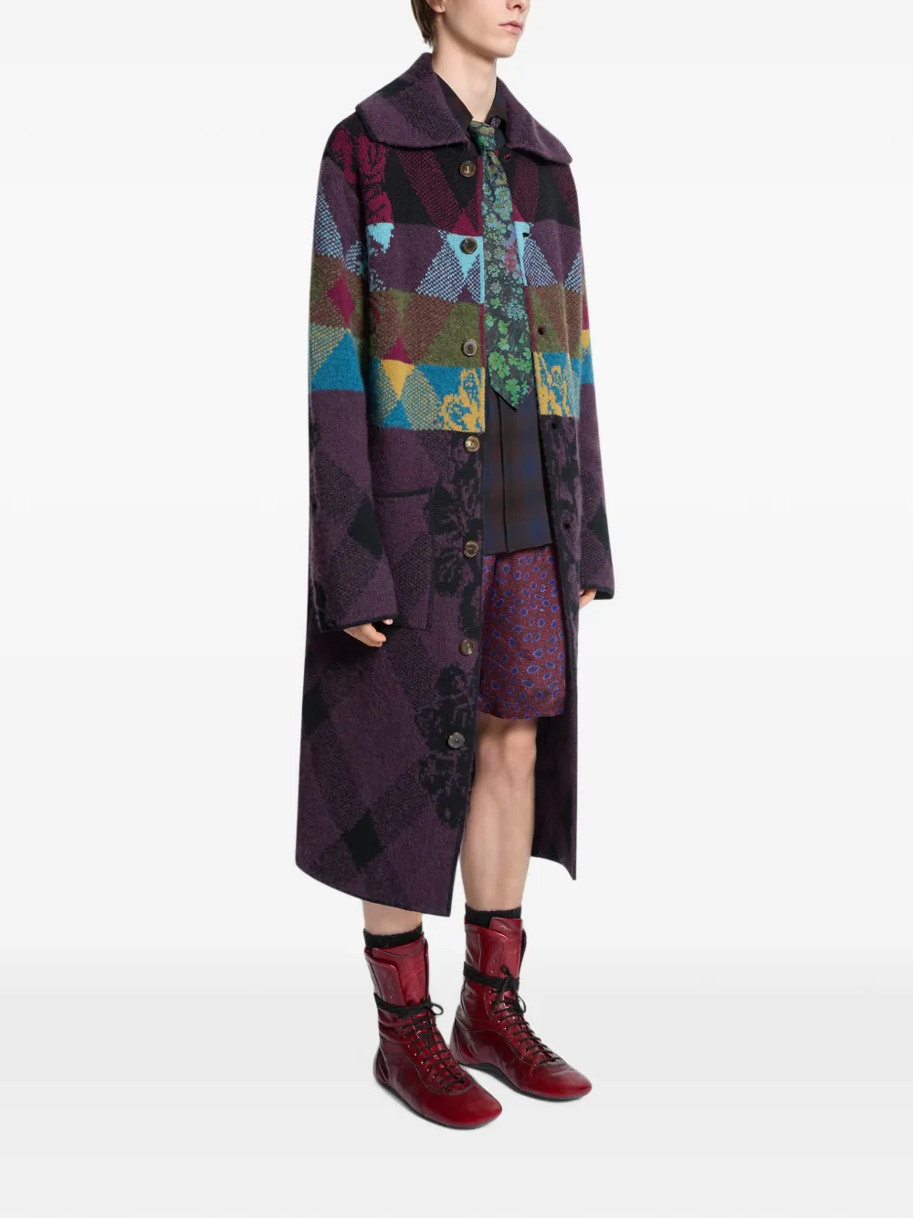 DRIES VAN NOTEN Patchwork Wool Cardigan in Purple, view 3