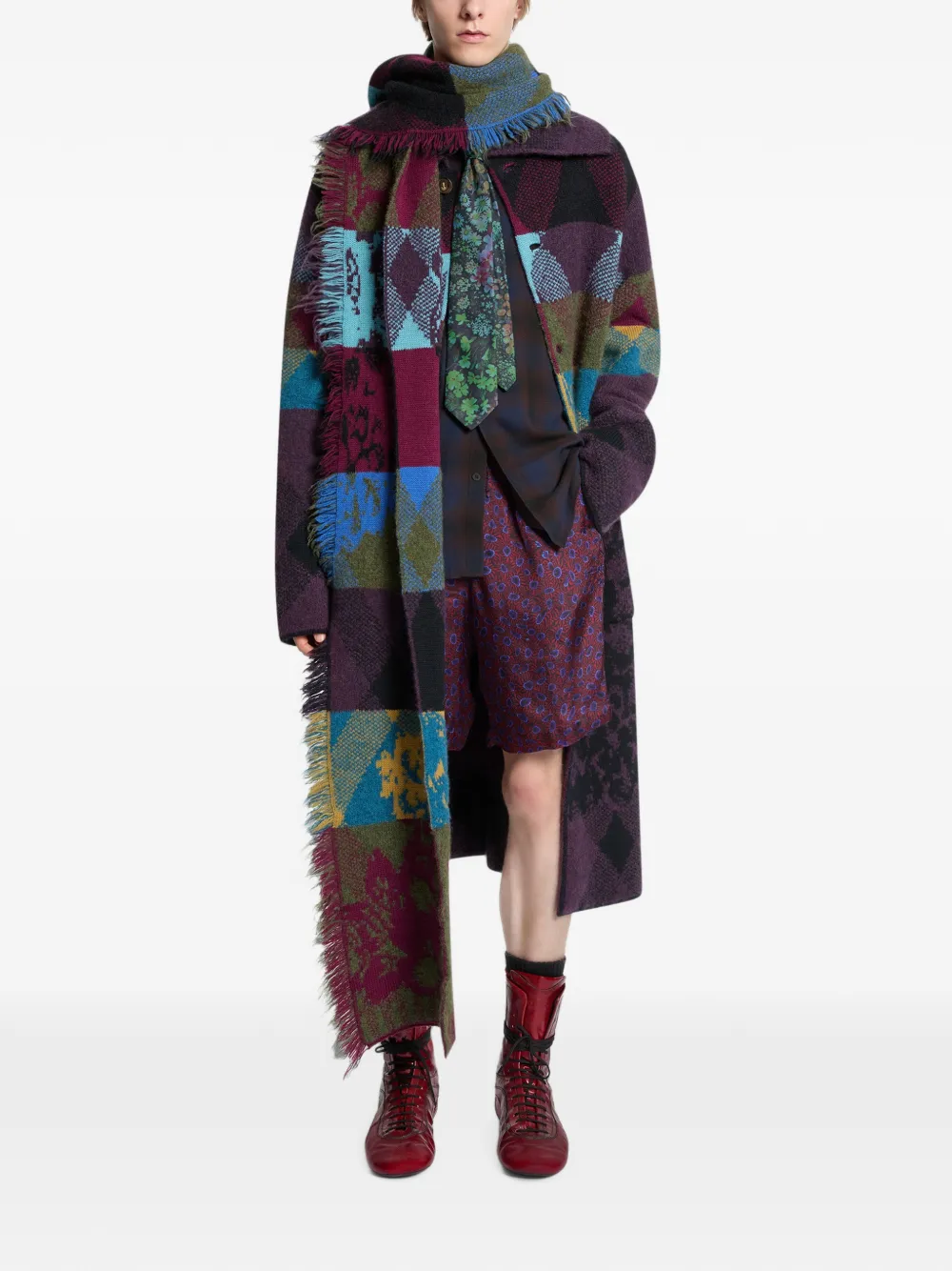 DRIES VAN NOTEN Patchwork Wool Cardigan in Purple, view 2