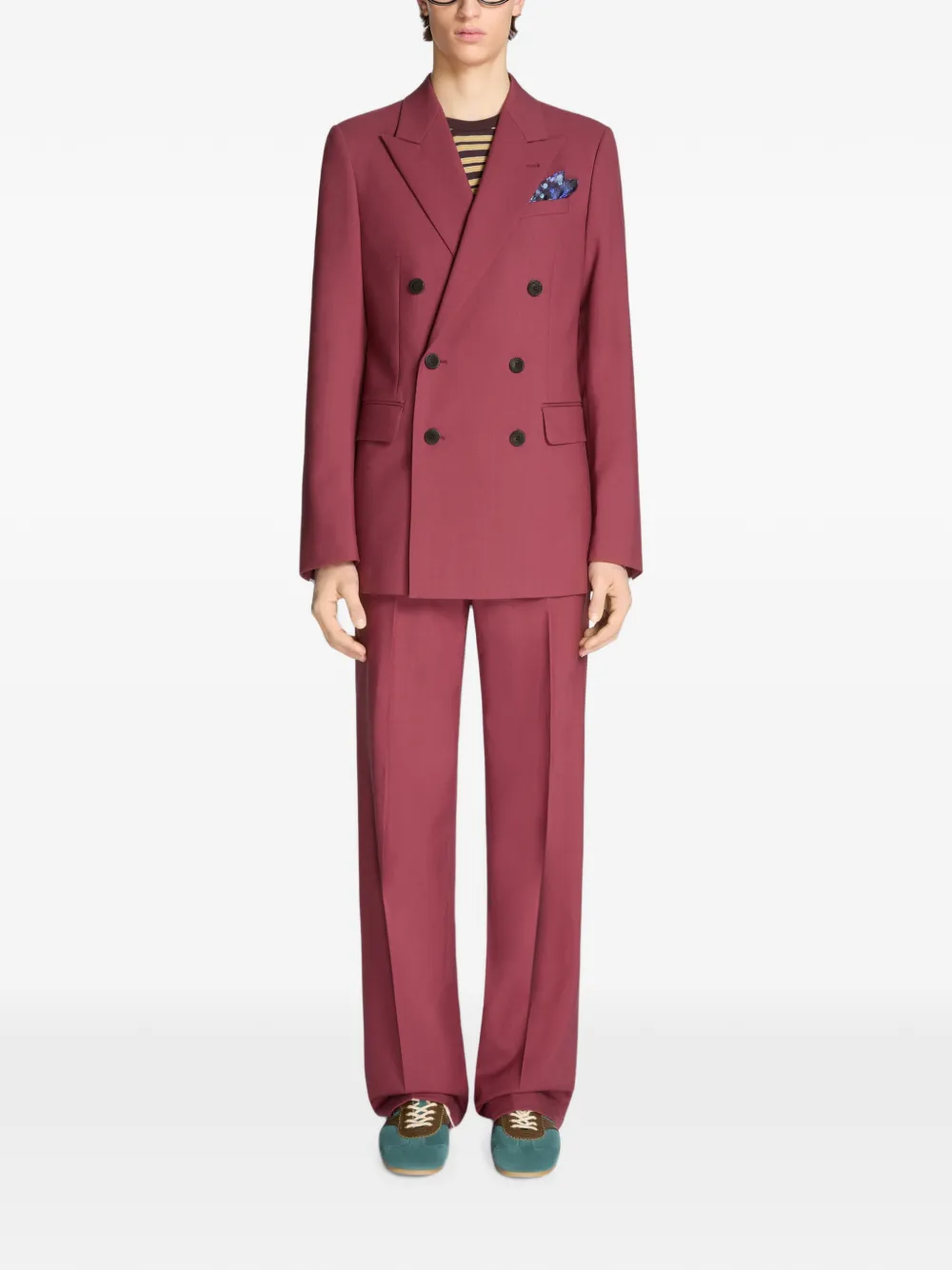 DRIES VAN NOTEN Wollen pak met dubbele rij knopen Rood