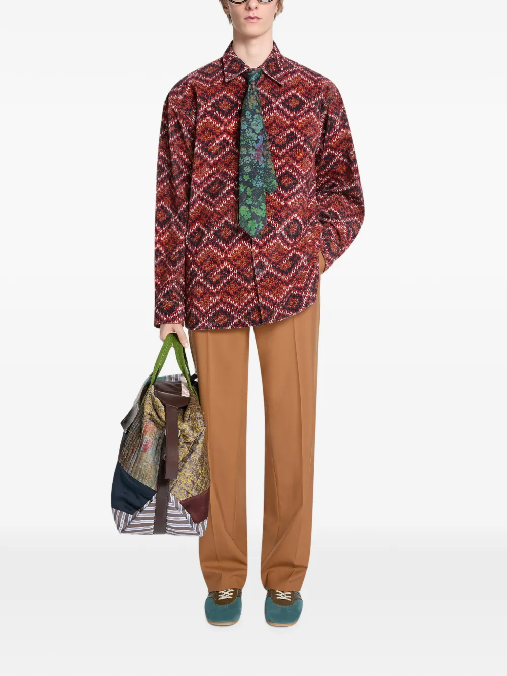 DRIES VAN NOTEN Printed Corduroy Shirt in Red, view 2