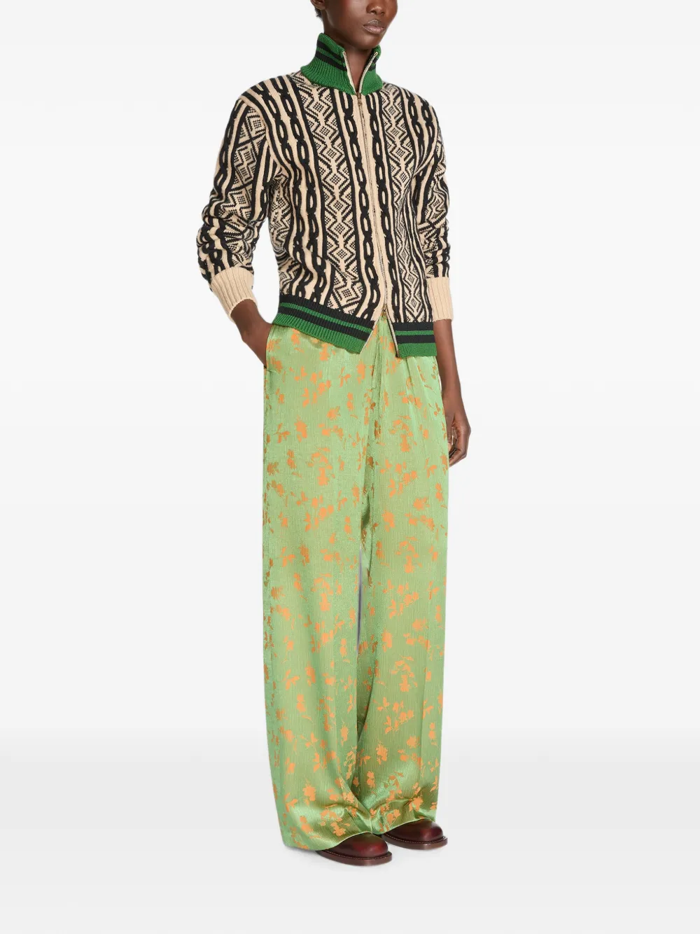 DRIES VAN NOTEN Elasticated Jacquard Trousers in Green, view 3