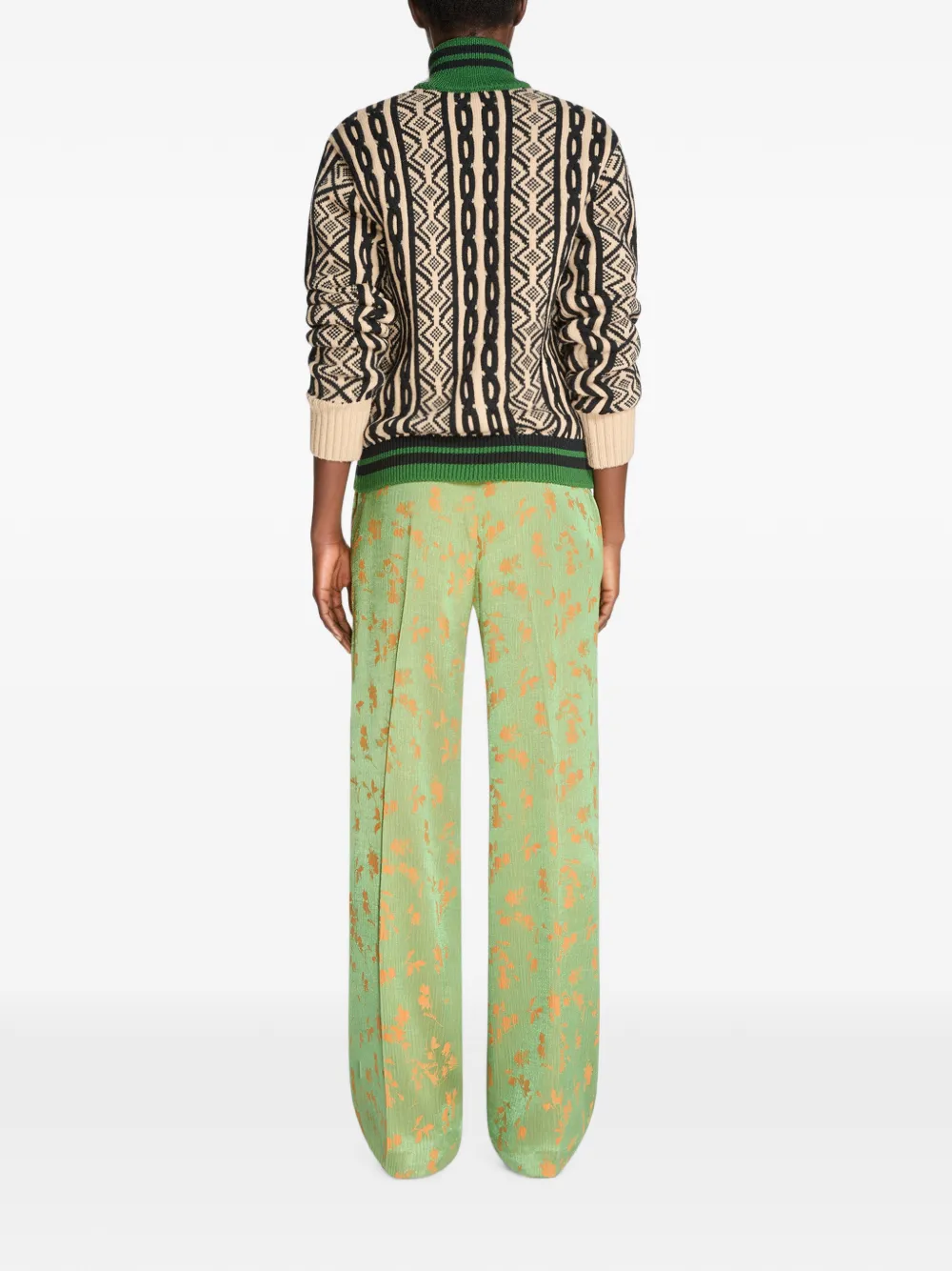 DRIES VAN NOTEN Elasticated Jacquard Trousers in Green, view 4