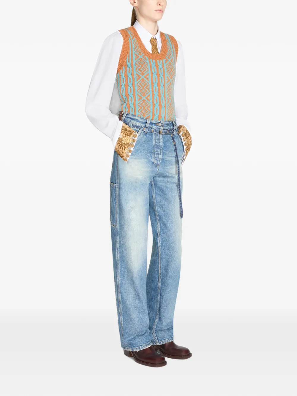 DRIES VAN NOTEN Denim broek met wijde pijpen en ceintuur Blauw