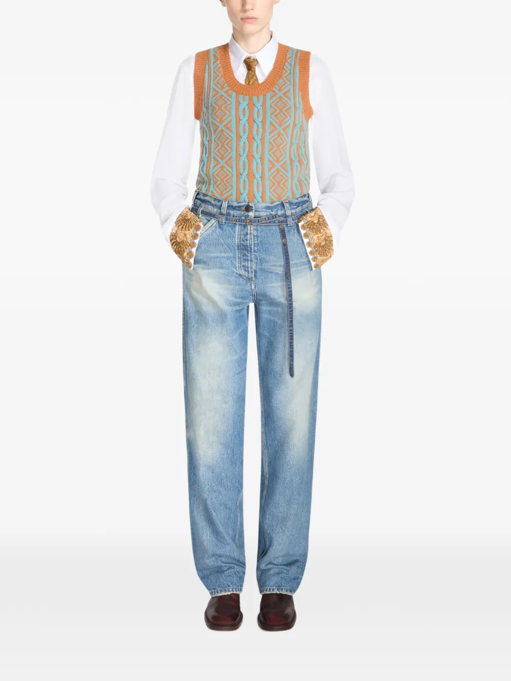 DRIES VAN NOTEN Denim broek met wijde pijpen en ceintuur Blauw
