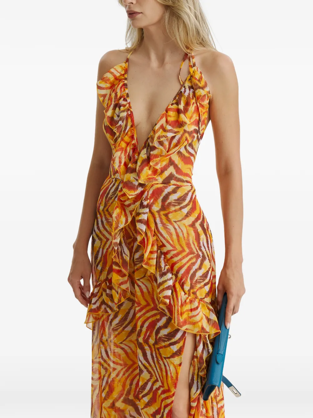CuAnna Luna maxi-dress met zebraprint en ruches Oranje