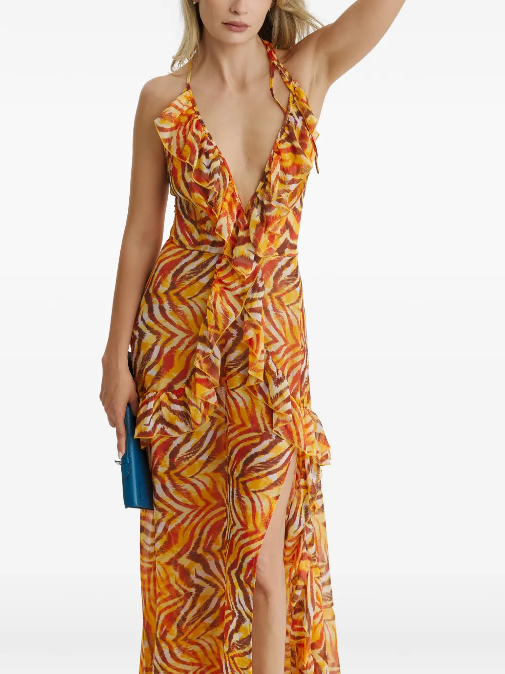 CuAnna Luna maxi-dress met zebraprint en ruches Oranje