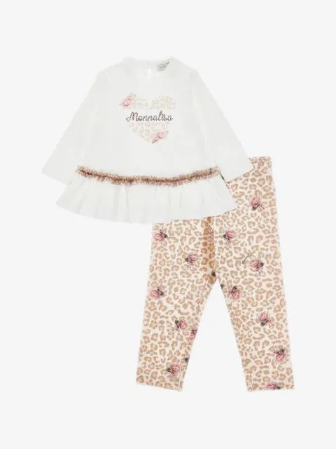 Monnalisa leopard-print floral-print top and trouser set