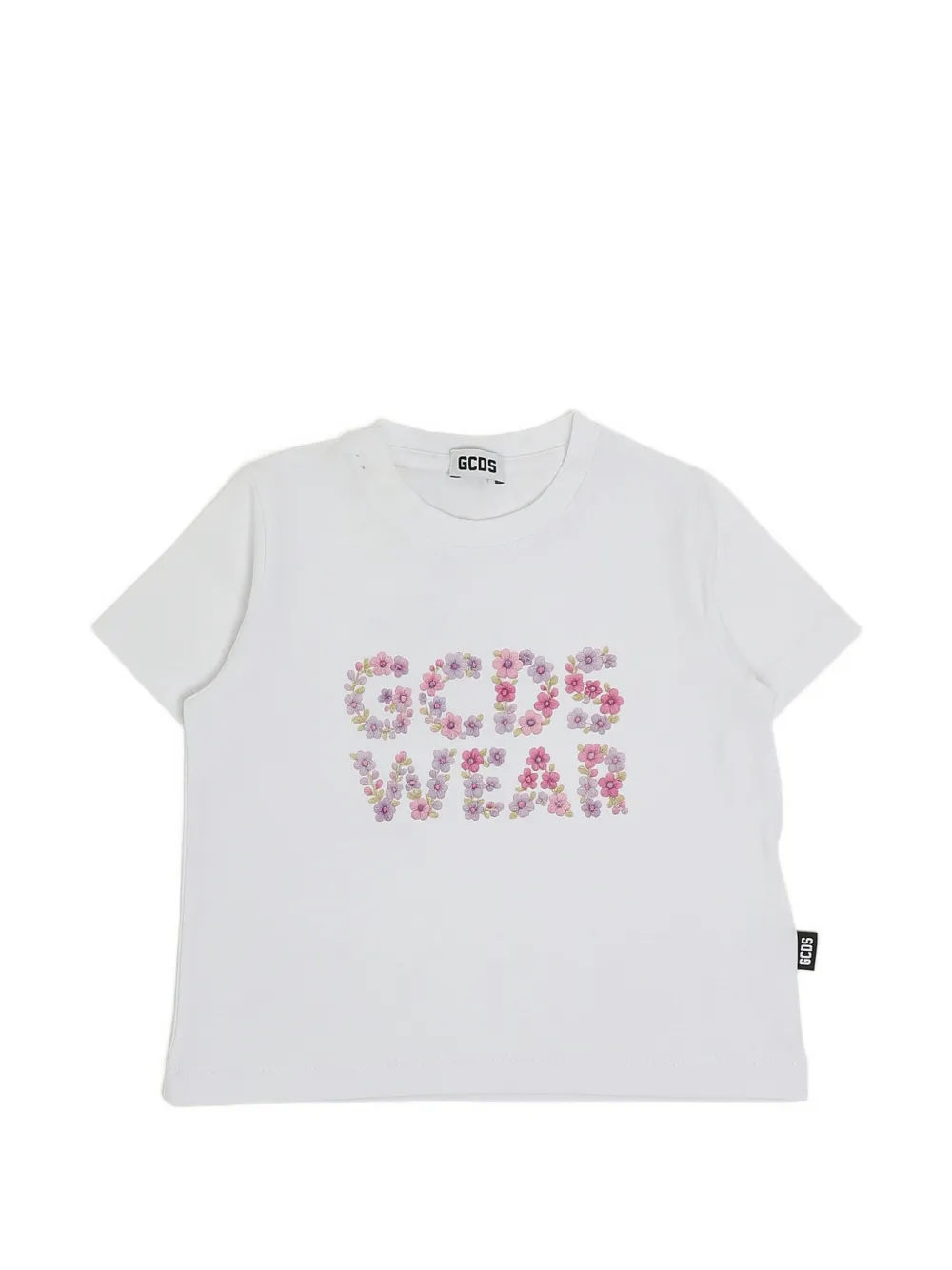Gcds Kids floral-embroidered logo-print T-shirt - Bianco
