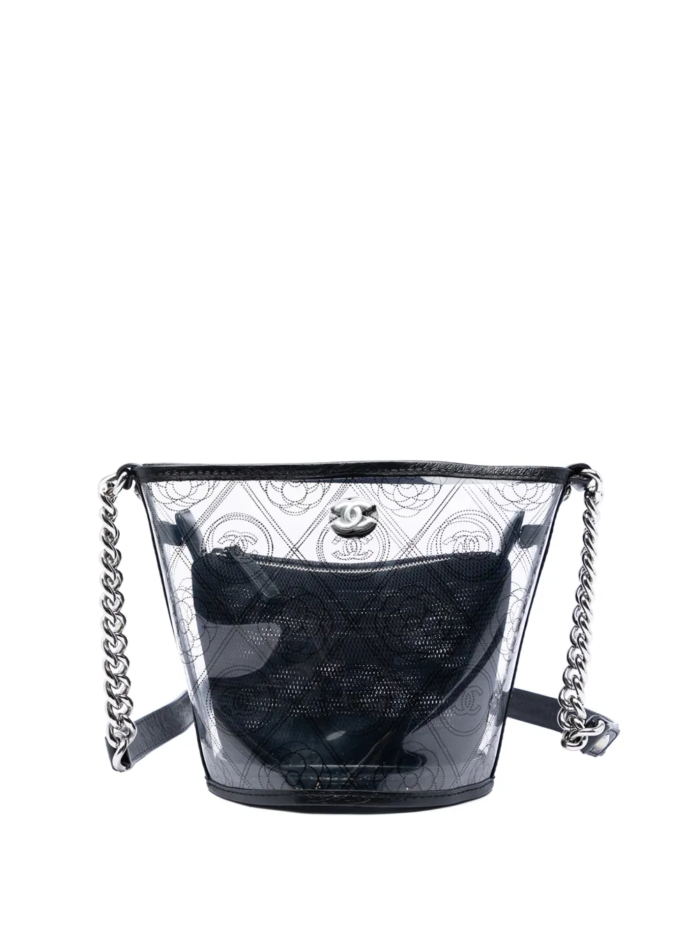 CHANEL Pre-Owned 2018 Small PVC and Crumpled Calfskin Camellia Coco bucket bag - Black