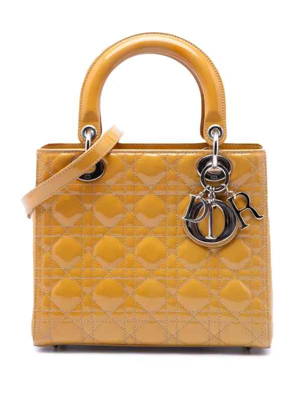 Dior Pre-owned 2012 Medium Patent Cannage Lady Dior Satchel in Yellow